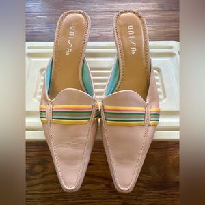 Unisa Pink Pointed-Toe Slip-On Heels – Striped Ribbon Detail, Size 6.5